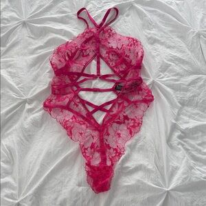 Victoria’s Secret  Lace Strappy Teddy Bodysuit - Hot Pink SZ Medium